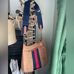 Faux Suede Crossbody Bag with Stripe